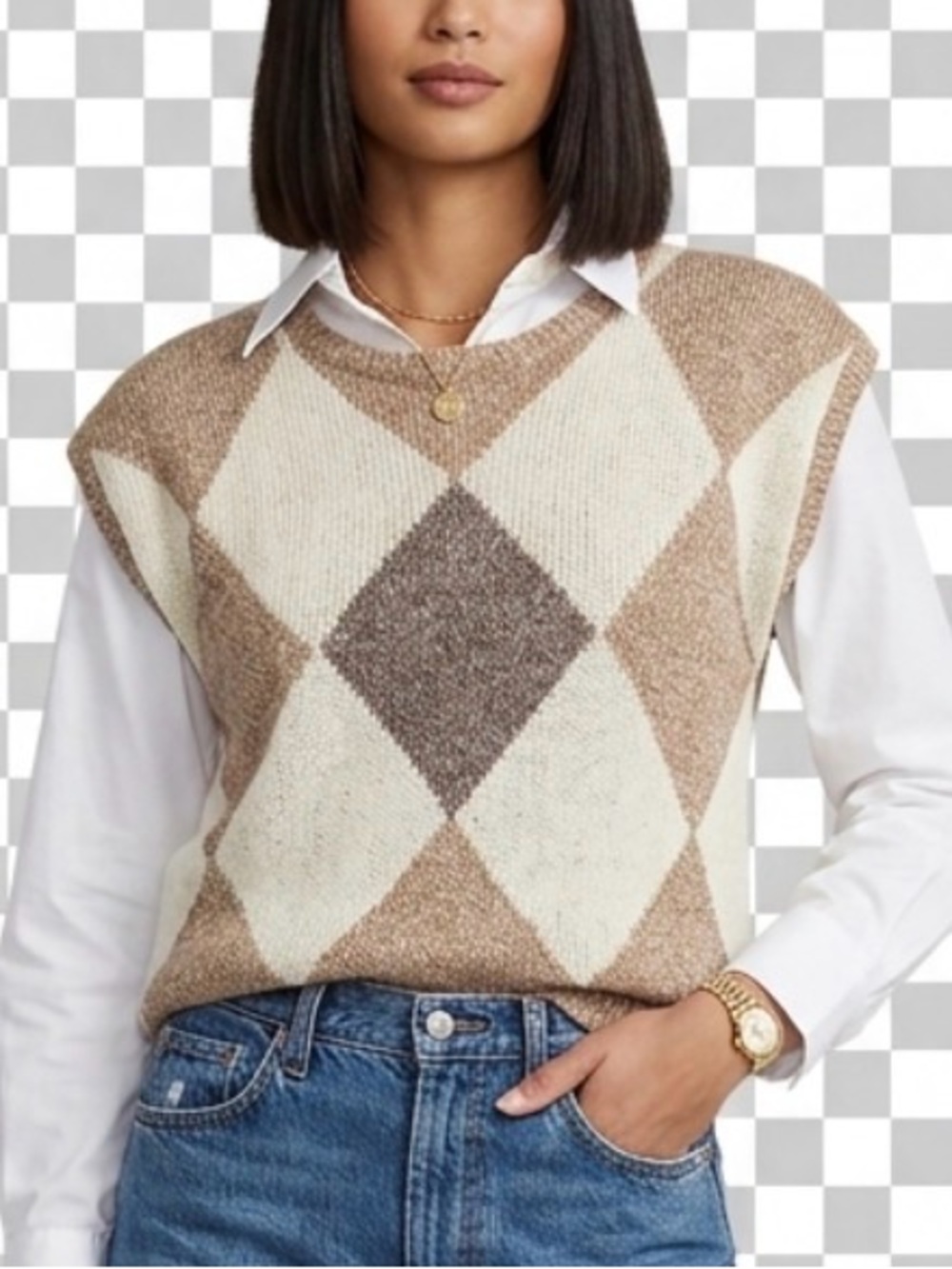 Vintage Cream & Brown Argyle Knit Sweater Sz M L Silk Angora Vest Soft